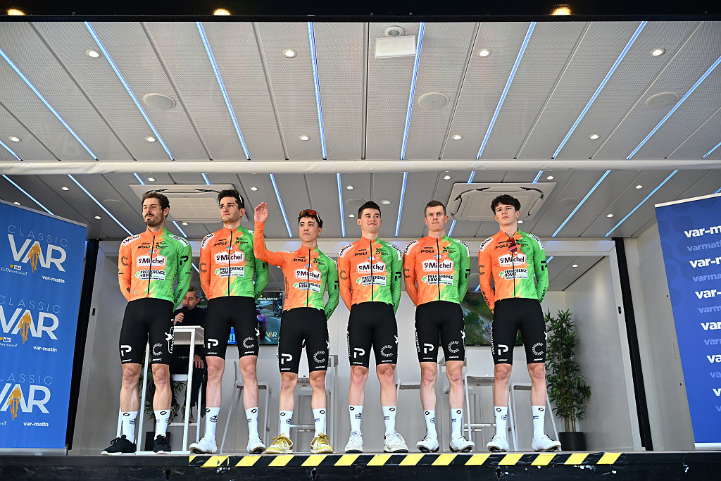 LA GARDE, FRANCE - FEBRUARY 21: Theo Delacroix of France, Lucas Beneteau of France, Romain Cardis of France, Simon Guglielmi of France, Antoine Berger of France, Axel Bouquet of France and Team St Michel - Preference Home - Auber93 prior to the 3rd Classic Var 2026 a 176.6km one day race from La Garde to Brignoles on February 21, 2026 in La Garde, France. (Photo by Billy Ceusters/Getty Images)