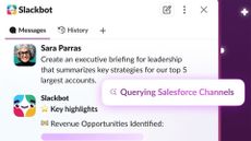 Slackbot promotional image showing AI companion performing task based on user query.