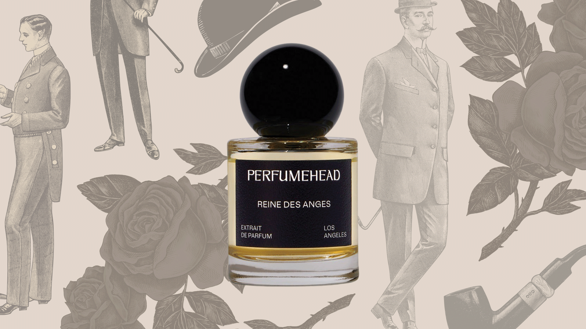 Collage of perfumes on a background of roses and men wearing suits