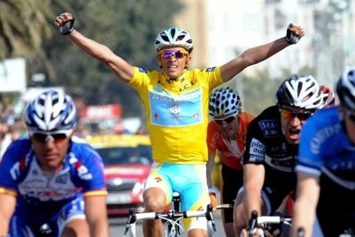 Alberto Contador (Astana) celebrates after winning Paris-Nice overall.