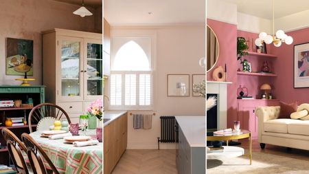 Outdated paint colors are worth knowing. Here are three pictures with on trend colors - a dining room with terracotta washed walls and a dining table with a green and white cloth, a kitchen with off-white walls, an arched window and a kitchen island, and a living room with mauve pink walls, a white couch and a gold coffee table