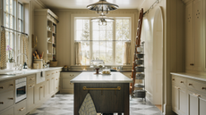 traditional kitchen with checkerboard floors and a butcher block island