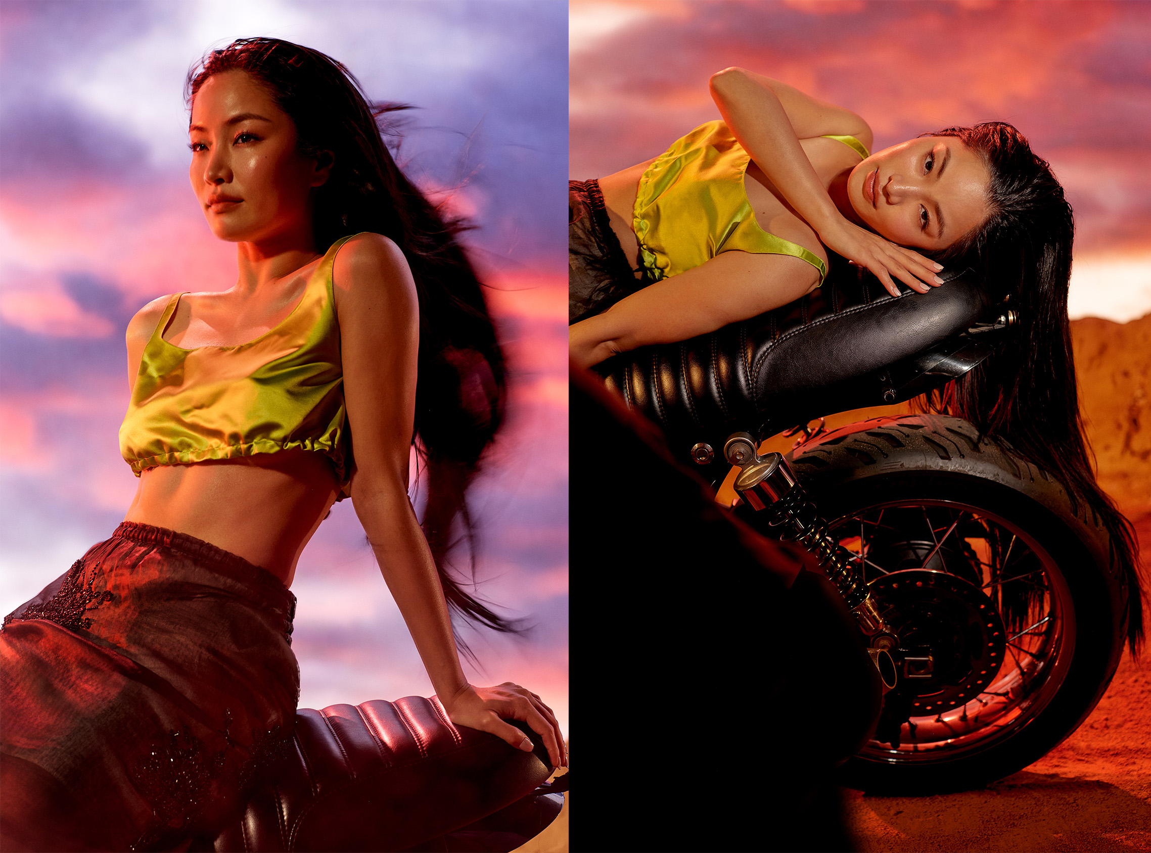 Two portraits of Anna Sawai in a green satin top posing on and beside a motorcycle.