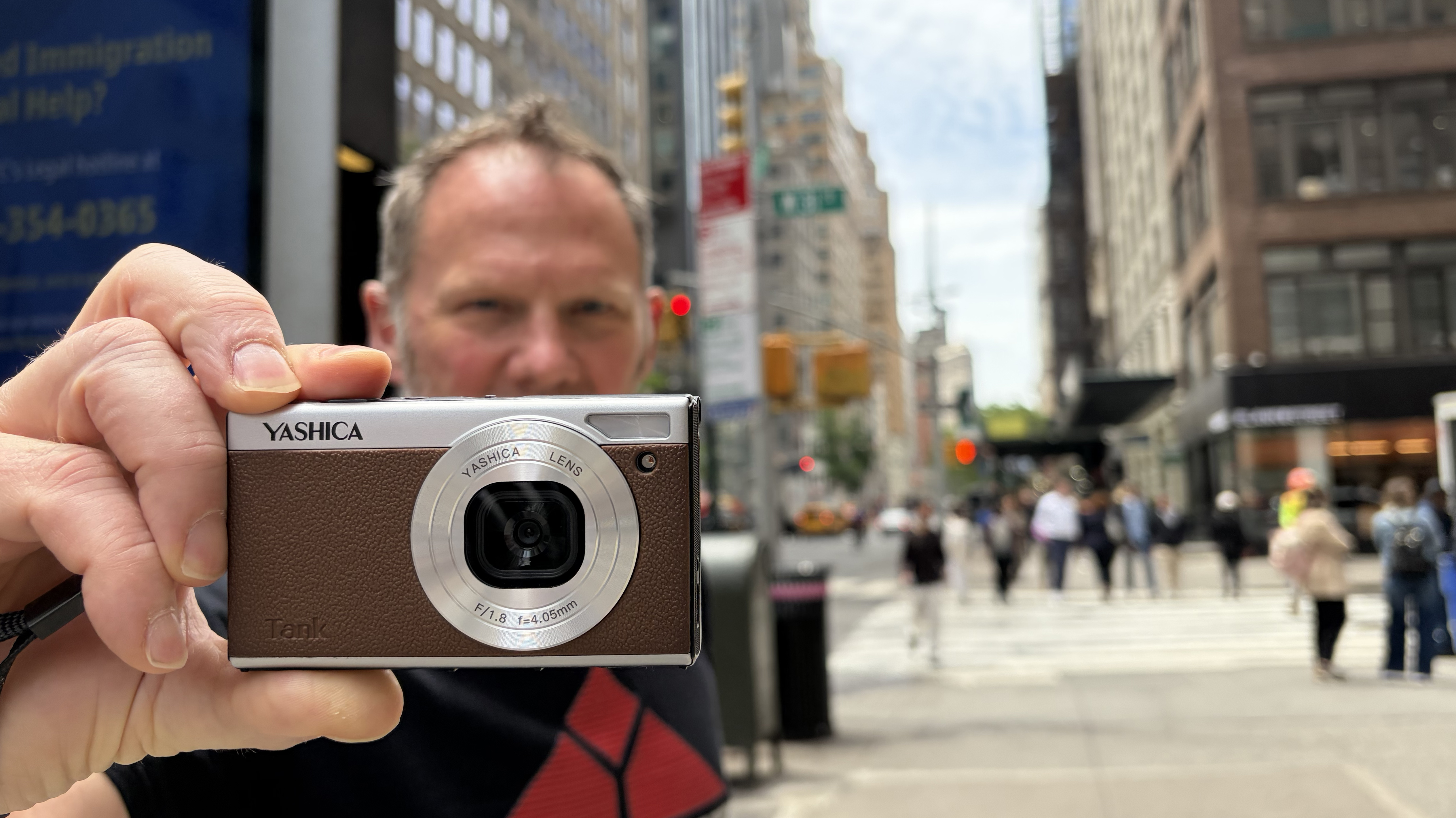 Yashica Tank compact camera being handheld in New York City