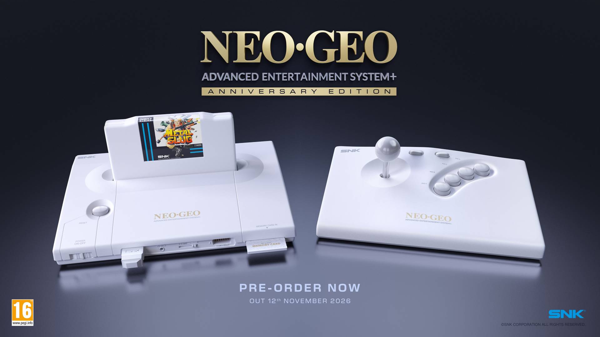 White Neo Geo AES+ anniversary edition next to matching arcade stick with Metal Slug cartridge on top and message that reads "pre-order now - out 12th Novbember 2026"