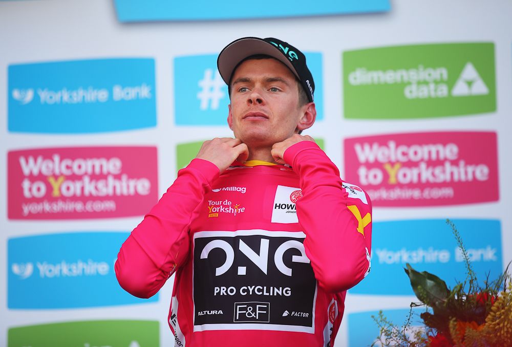 Richard Handley of One Pro Cycling and Great Britain puts on the King of the Mountains jersey after the second stage of the 2016 Tour de Yorkshire