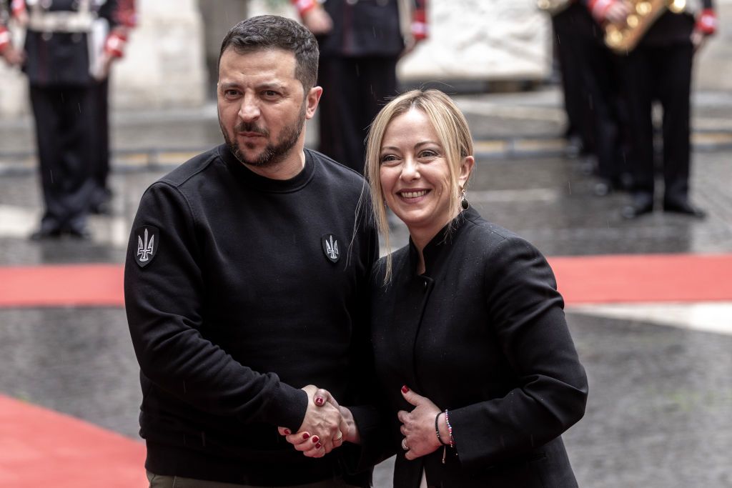 Ukrainian President Volodymyr Zelensky and Italian Prime Minister Giorgia Meloni. 