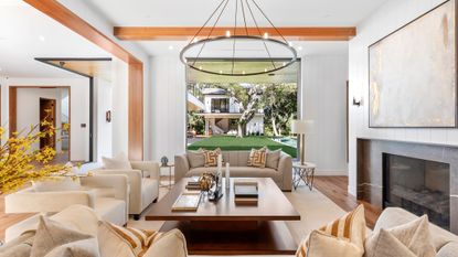 Beige living room with various soft furnishings in California