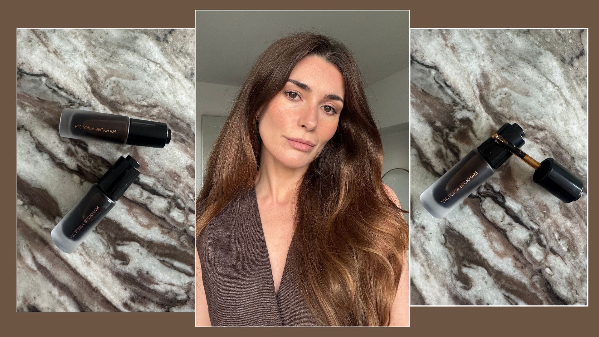 A collage featuring the Victoria Beckham beauty Colour Wash Bronze Tints, and a photo of beauty editor Eleanor Vousden wearing the bronzer