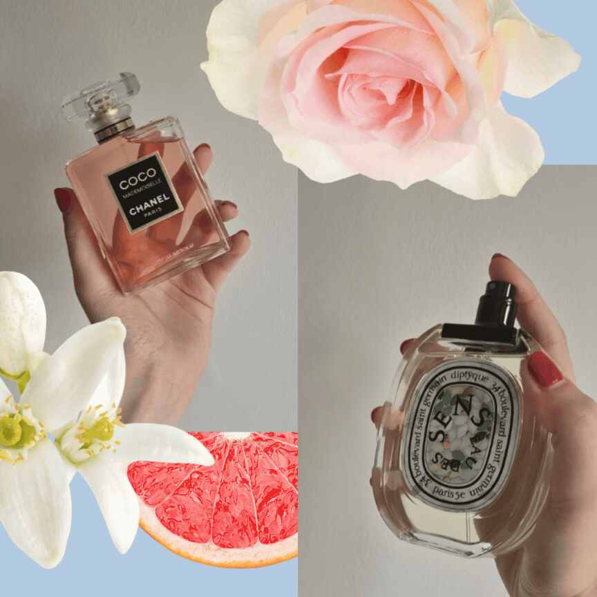 Two GIFs showing Digital Beauty Writer, Naomi Jamieson holding and spraying Chanel's Coco Mademoiselle Crush Absolu and Diptyque's Eau de Sens, on a blue background with stock images of flowers and grapefruit.