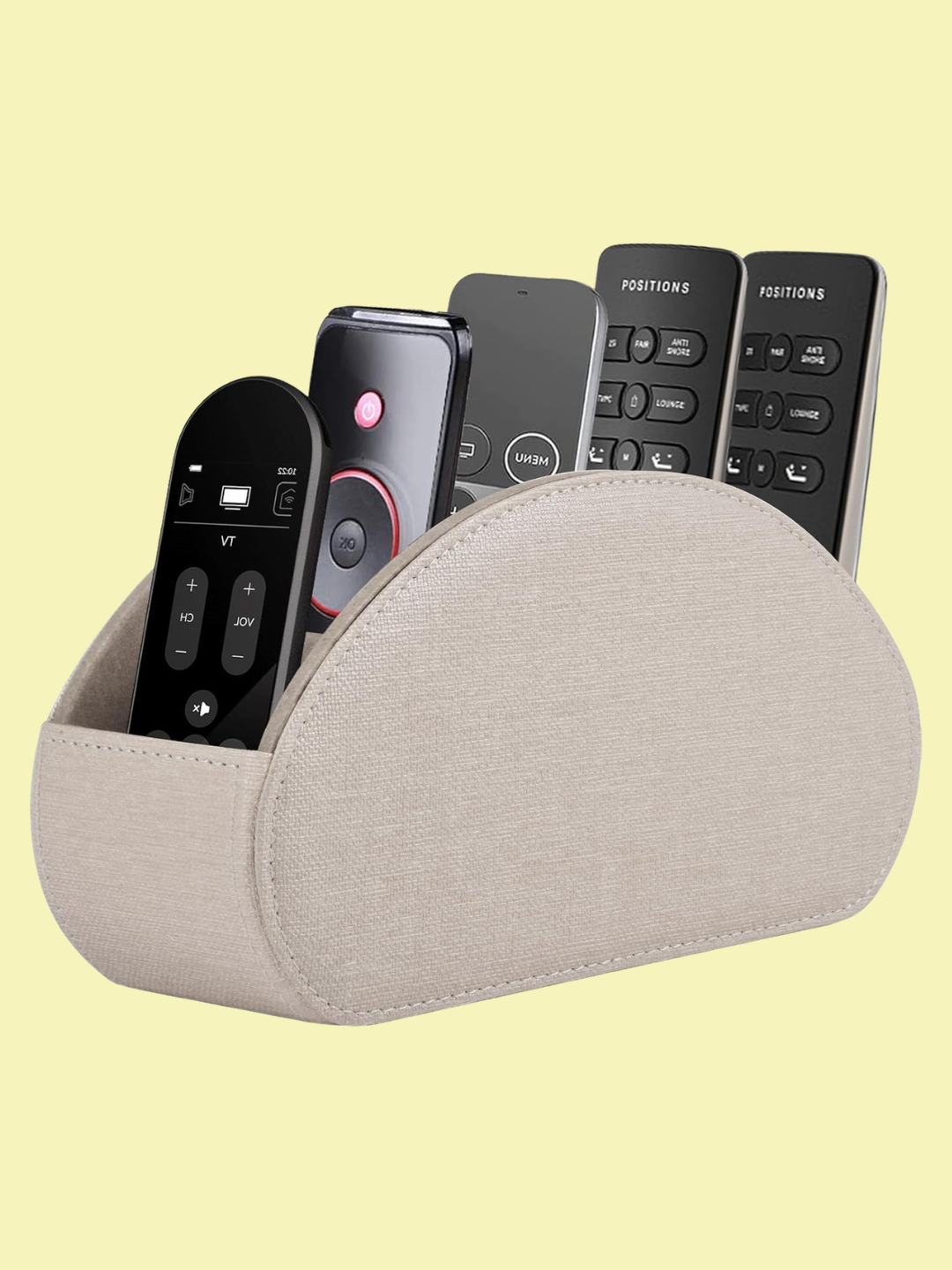 A beige remote control organizer from Amazon
