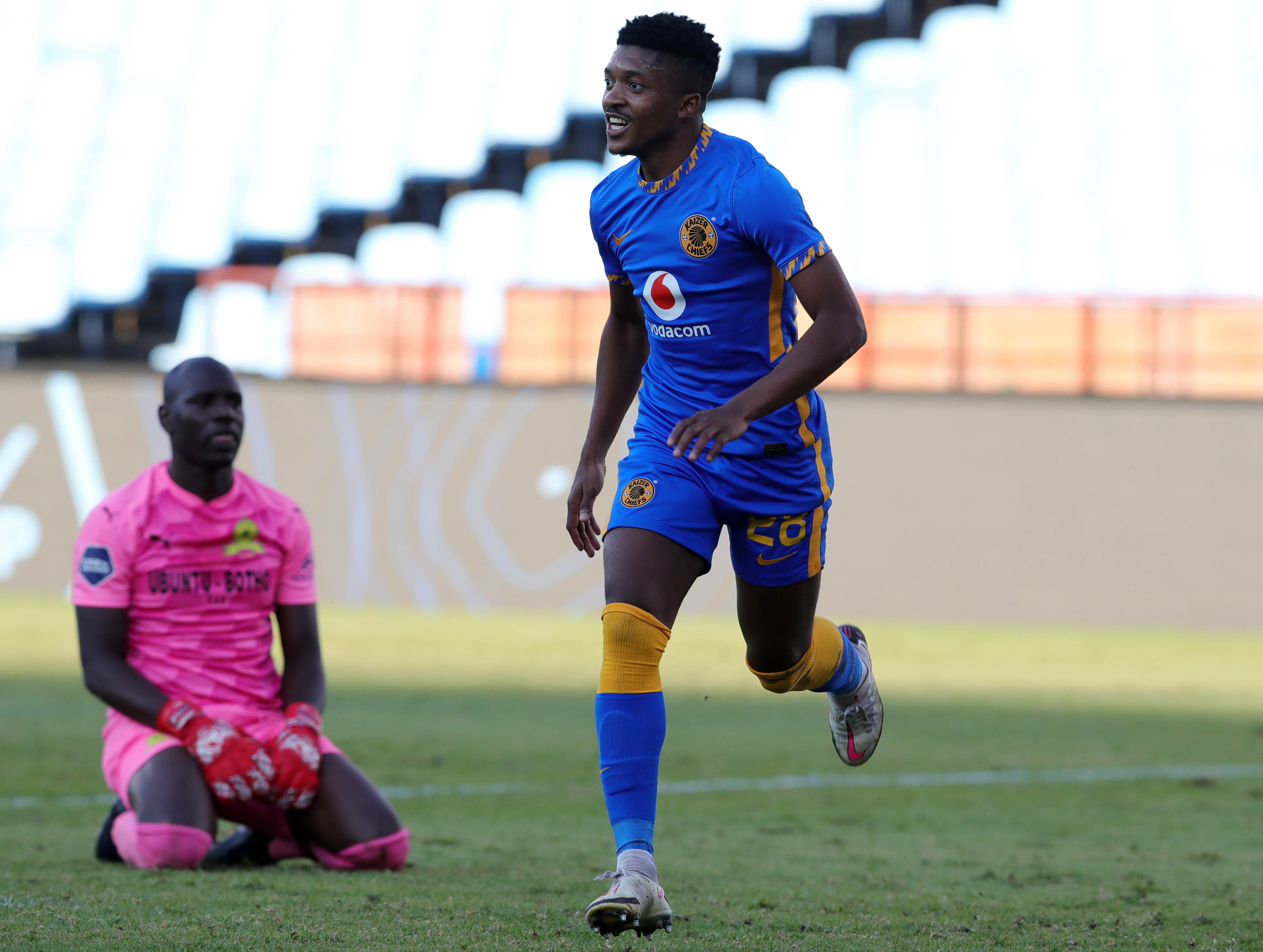 Dumisani Zuma of Kaizer Chiefs celebrates his goal against Denis Onyango of Mamelodi Sundowns