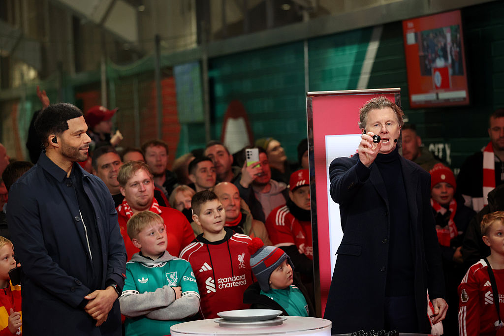 LIVERPOOL, ENGLAND - JANUARY 12: Steve McManaman, English former football player and current pundit, reacts after drawing the number &amp;amp;apos;11 - Brentford&amp;amp;apos; during the Emirates FA Cup Fourth Round draw prior to the Emirates FA Cup Third Round match between Liverpool and Barnsley on January 12, 2026 in Liverpool, England. (Photo by Carl Recine/Getty Images)