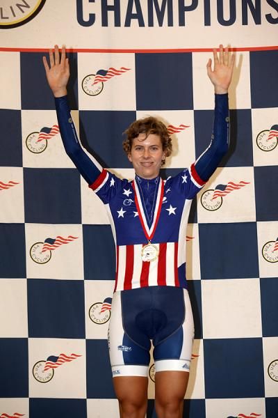 Kim Geist atop the Women's 3k Pursuit Podium.