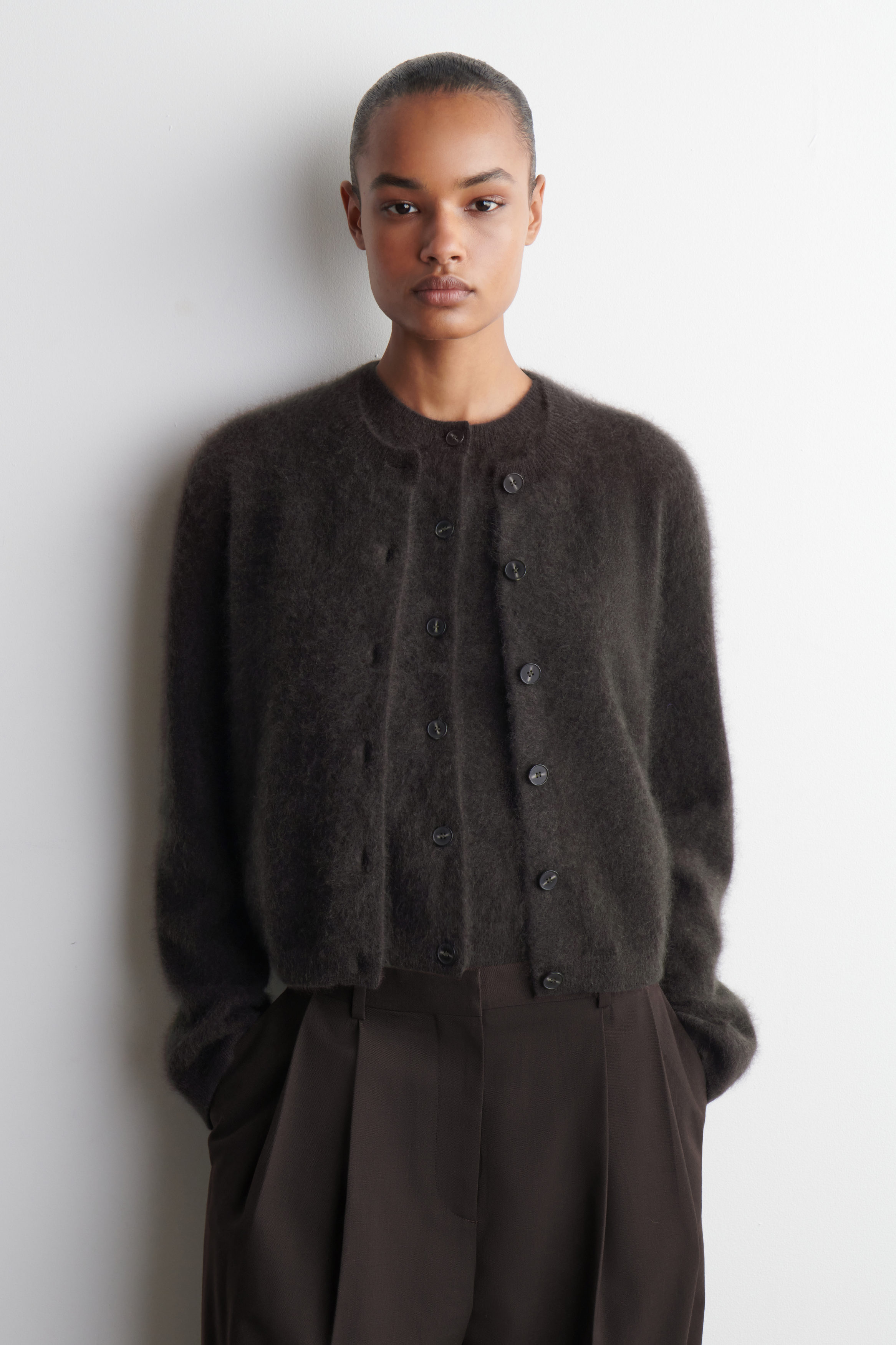 Brushed-Cashmere Crew-Neck Cardigan