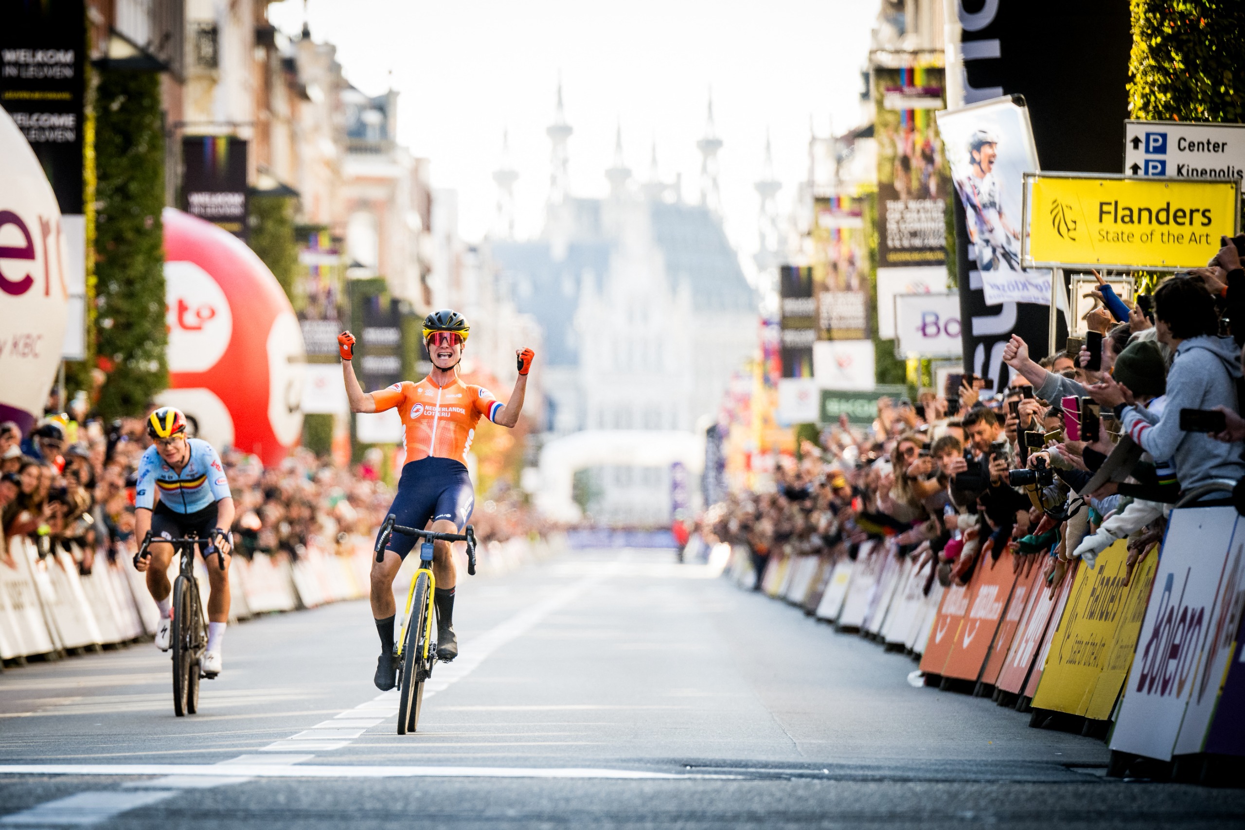 Dutch Marianne Vos celebrates as she crosses the finish line to win the women elite race at the UCI World Gravel Championships, Saturday 05 October 2024, in Leuven