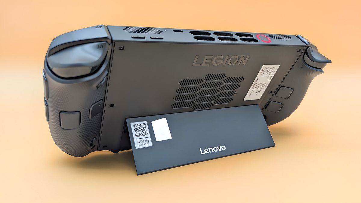 The Lenovo Legion Go 2 facing away and propped up by its kickstand.