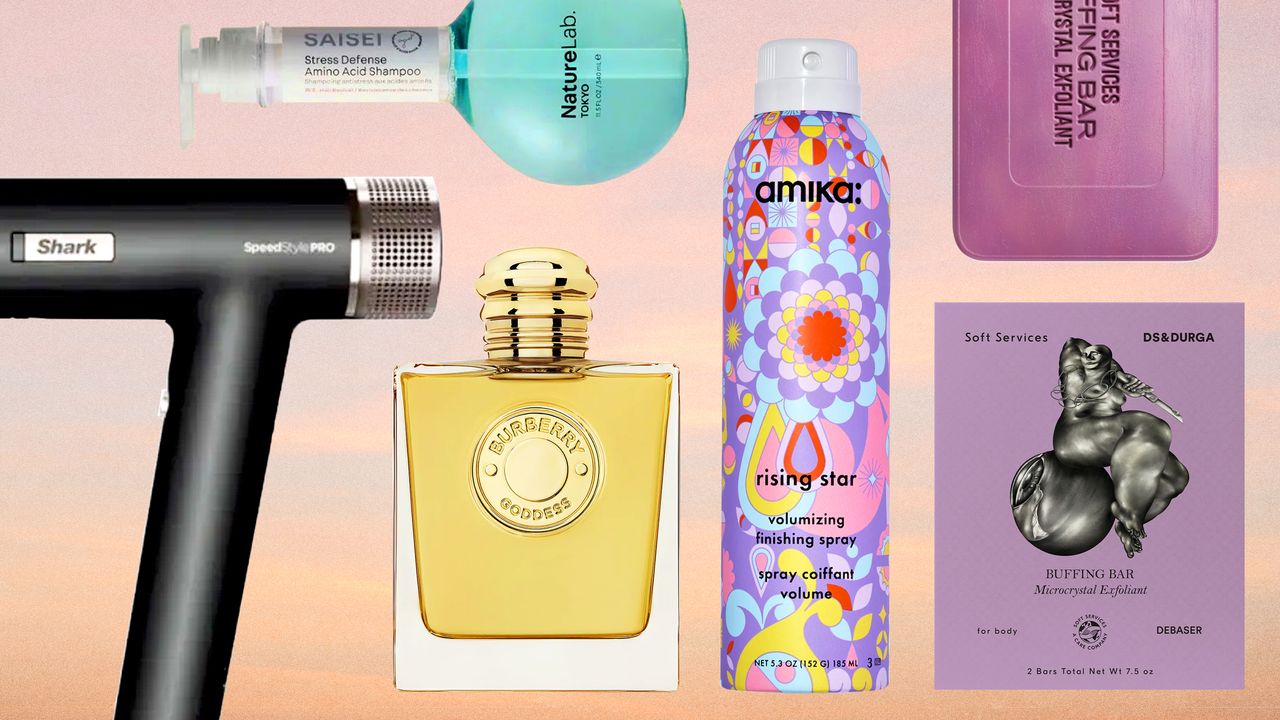 product collage of amika rising star volumizing finishing spray, burberry goddess intense perfume, d.s. &amp; durga x soft services debaser exfoliating bar, shark flexstyle pro hair dryer, nature lab tokyo saisei shampoo over sunrise gradient background 