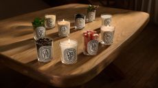 A wooden dining table with glass candles and vessels with rhubarb, coffee beans, sesame, nettle, and shiso