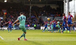 Granit Xhaka of Arsenal scores his side's first goal from a free kick during the Premier League match between Crystal Palace and Arsenal FC at Selhurst Park on October 28, 2018 in London, United Kingdom.