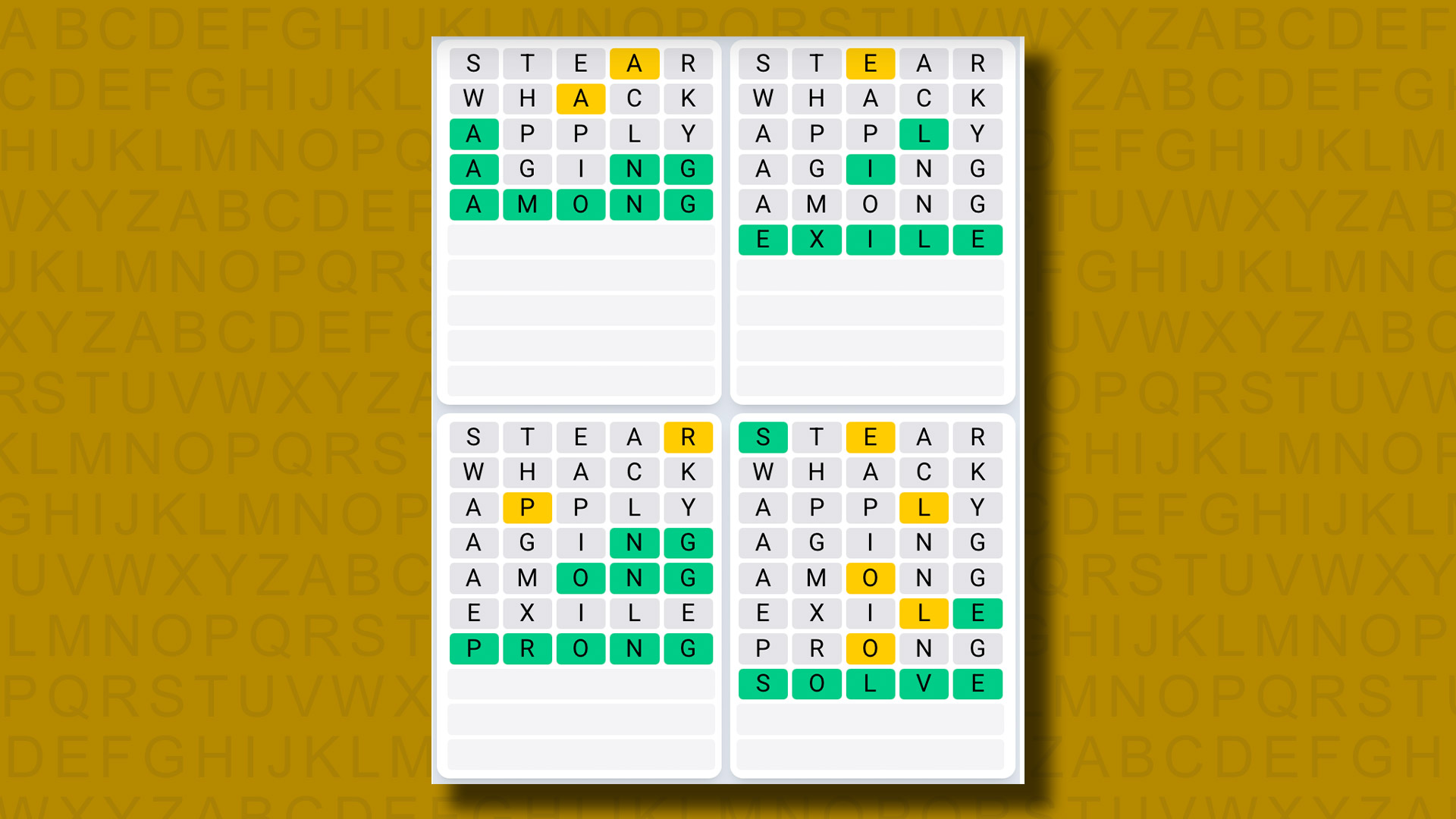 Quordle Daily Sequence answers for game 1227 on a yellow background