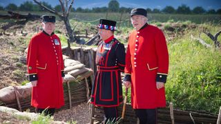 Chelsea Pensioners and a Yeoman Warder in the Battlefields to Butterflies Garden at the RHS Hampton Court Palace Flower Show 2018
