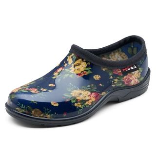 Hisea Waterproof Garden Shoe for Women Outdoor Slip-On Rain Footwear Rubber Rain Shoes Short Ankle Booties Garden Clogs With Comfort Insole, Size 10 Navy Flower