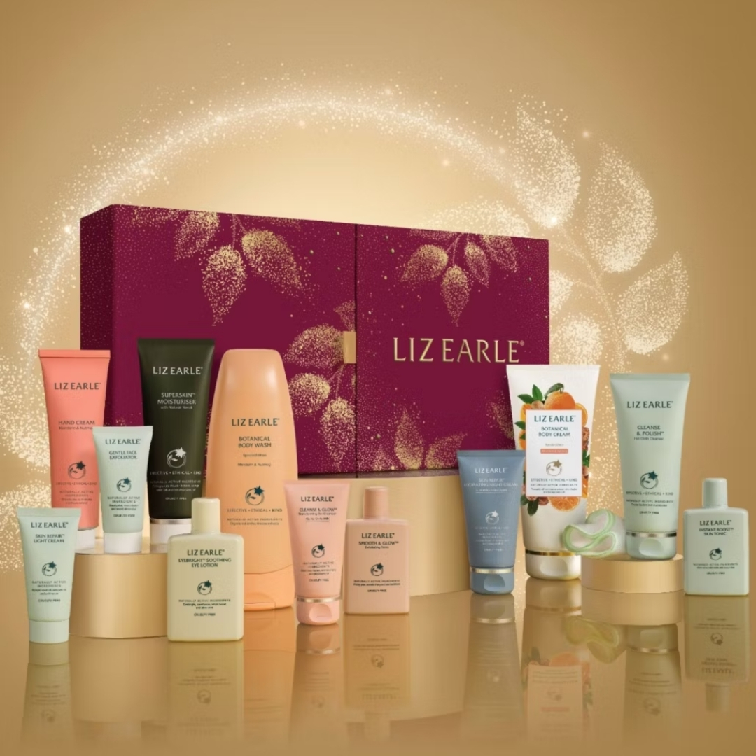 Liz Earle 12 Days Of Liz Earle Beauty Advent Calendar with its contents in front of it