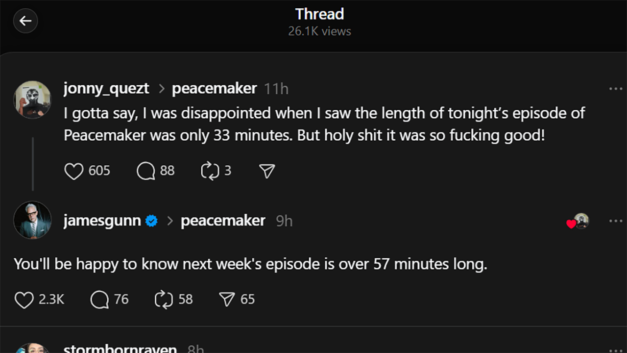 A screenshot of James Gunn responding to a fan on Threads about Peacemaker season 2 episode 8&#039;s runtime