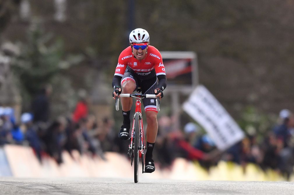 Fabio Felline crossing the Omloop Het Nieuwsblad finish line in fourth place
