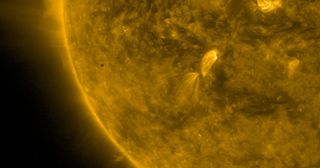 The transit of Mercury on May 9, 2016, seen by NASA's Solar Dynamics Observatory. The planet is a small black circle on the left side of the sun.