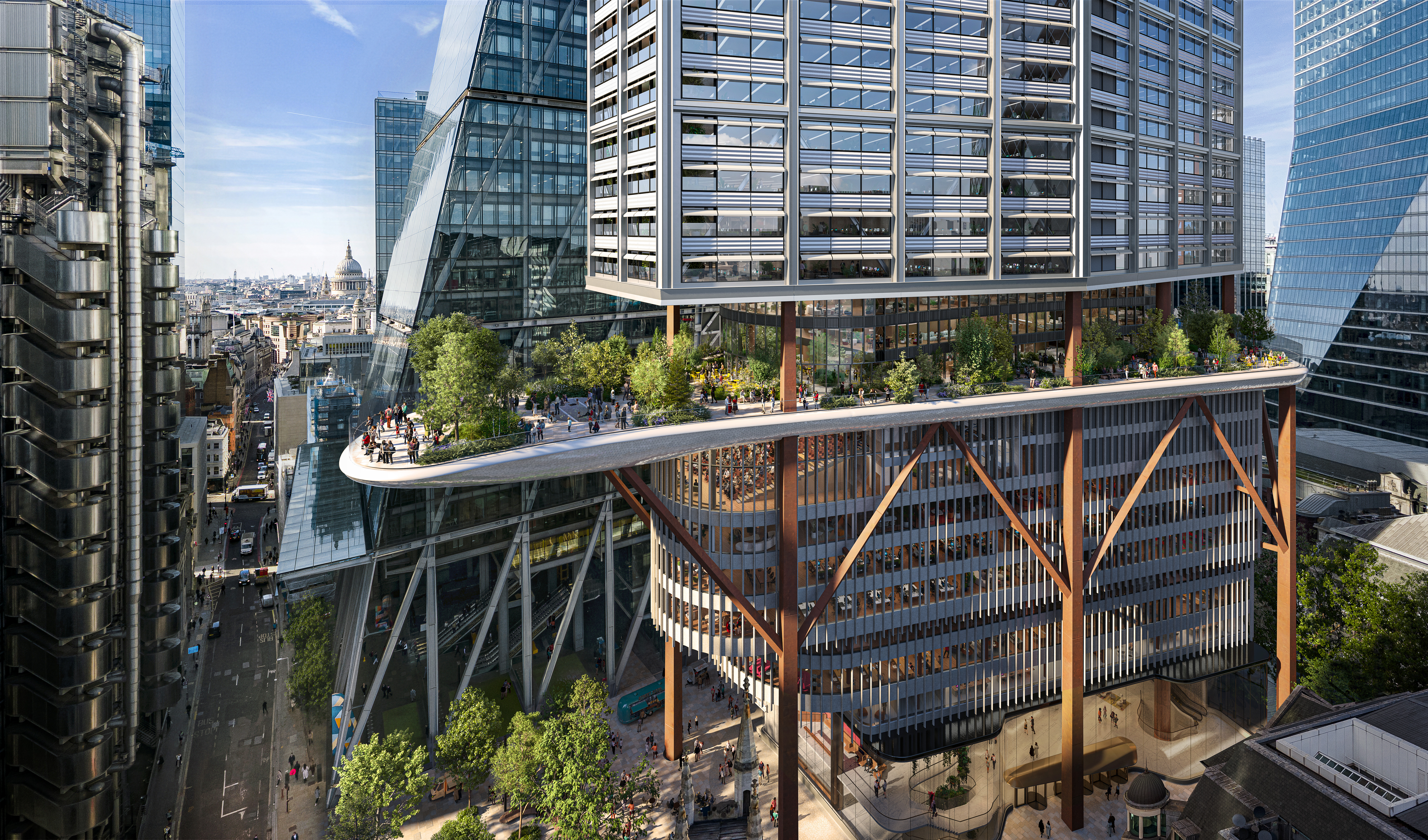 renders of various views of One London, one of London's tallest buildings, a glistening tower in the City