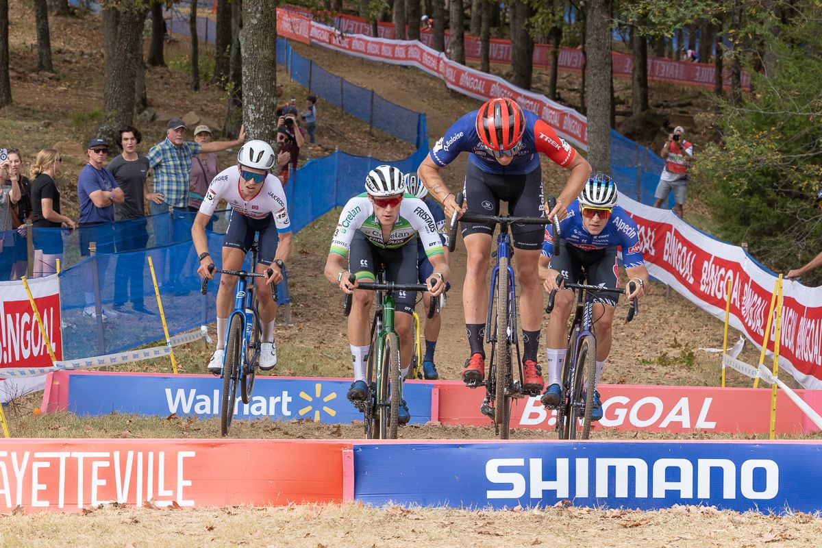 Thibau Nys (Baloise Trek Lions) leads a chase group including Eric Brunner (Blue Competition p/b Build), Joran Wyseure (Crelan-Fristads), Daan Soete (Deschacht - Hens - Maes), Niels Vandeputte (Alpecin-Deceuninck) over the barriers during the closing laps of the race.
