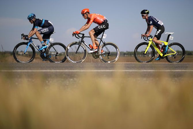 Charles Planet (Novo Nordisk), Michael Schar (CCC Team) and Tyler Stites (USA National Team) work well together in the breakaway on stage 1 of the 2019 Tour of California