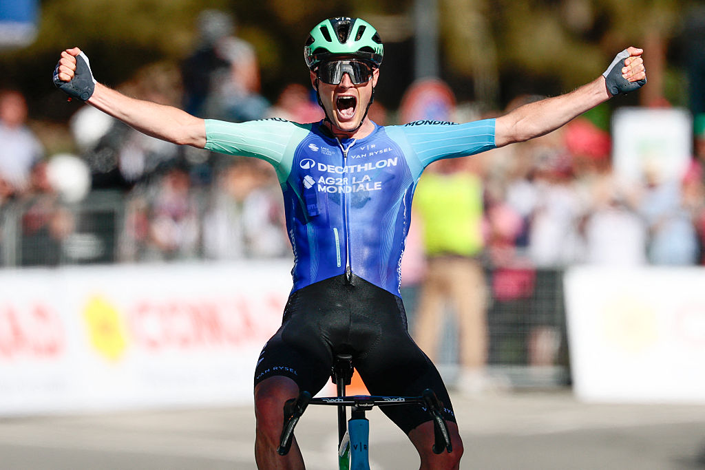 Decathlon AG2R La Mondiale Team&#039;s French rider Nicolas Prodhomme celebrates after victory as he crosses the finish line of the 19th stage of the 108th Giro d&#039;Italia cycling race of 166kms from Biella to Champoluc on May 30, 2025. (Photo by Luca Bettini / AFP)