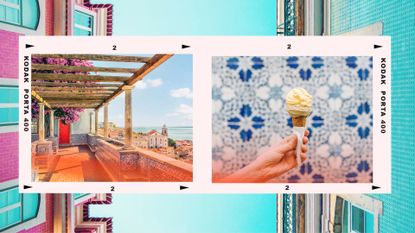 Things to do in Lisbon. View from Miradouro de Santa Luzia (L); ice cream pictured in front of a tiled wall with a background of tiled houses and blue skies in Lisbon