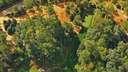 An aerial image of the lengthened 13th hole at Augusta National