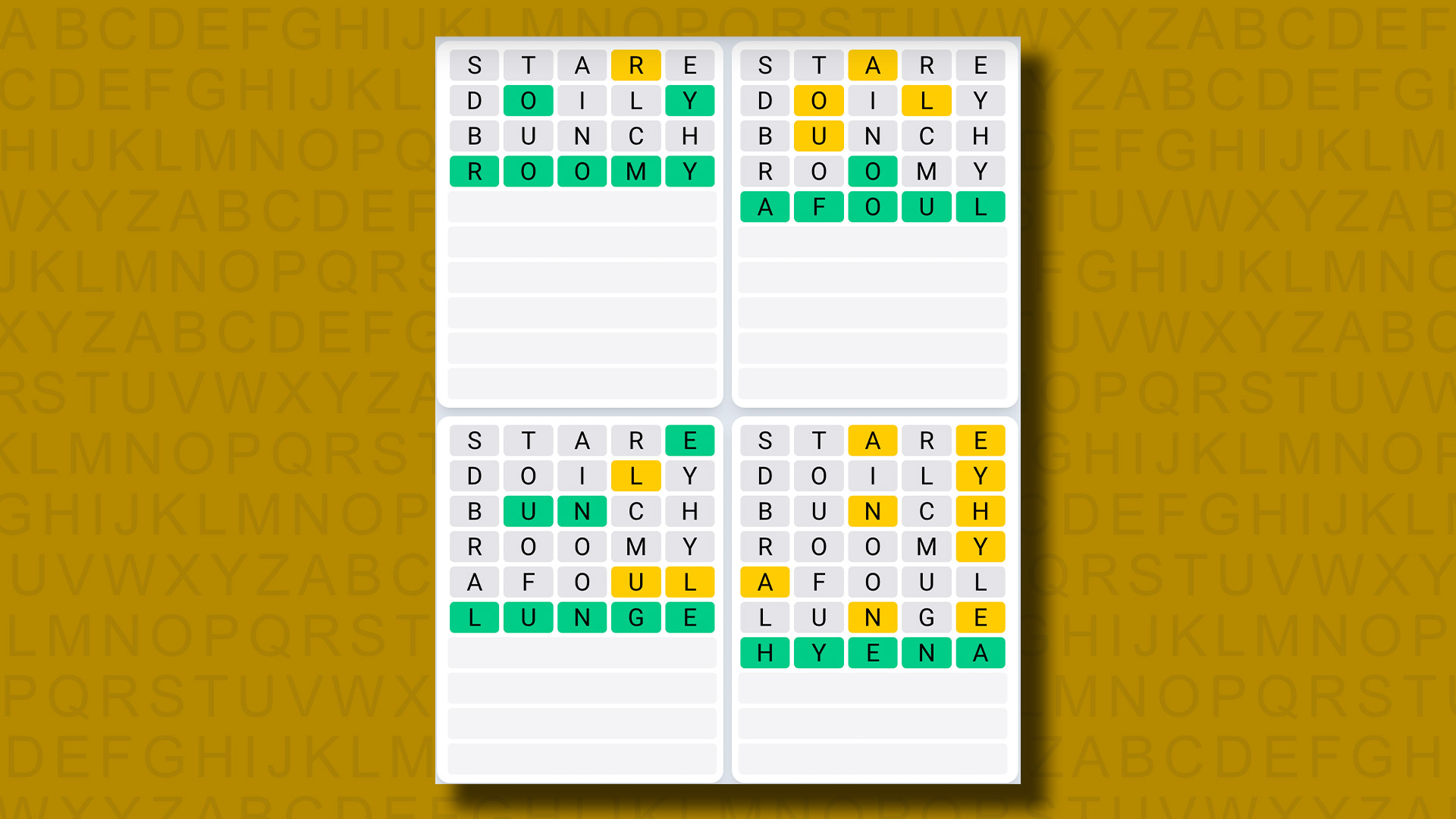 Quordle Daily Sequence Answers for Game 956 on a Yellow Background