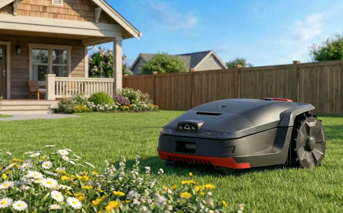 robot tondeuse unicut H1 pos&eacute; sur l'herbe