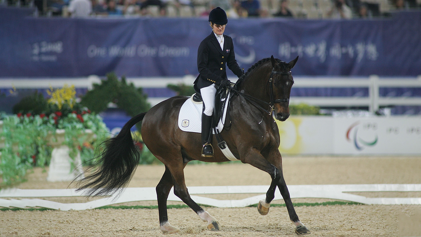 Australian Paralympic dressage rider Sharon Jarvis has announced the death of her medal-winning horse Applewood Odorado. Here the pair are pictured at the 2008 Beijing Paralympics.