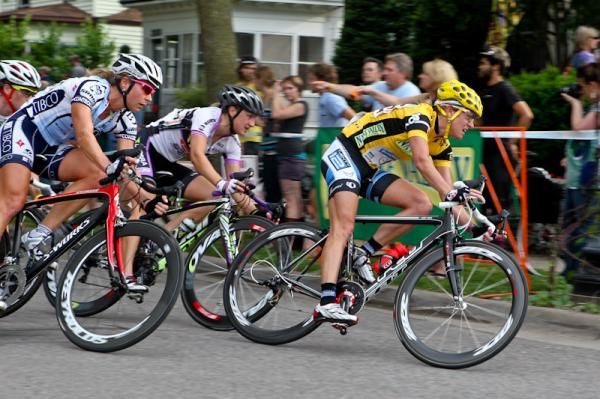 Kristin Armstrong (Peanut Butter &amp; Co) riding at the front of the bunch.