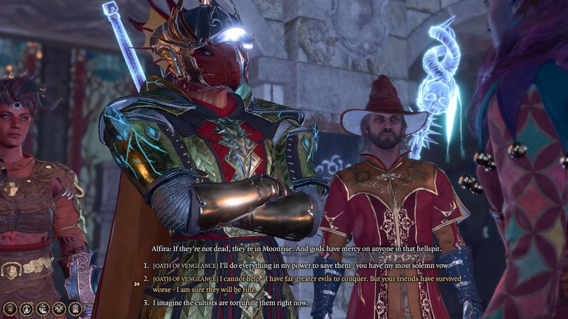 A paladin dragon chatting with an NPC during the RPG Baldur's Gate 3