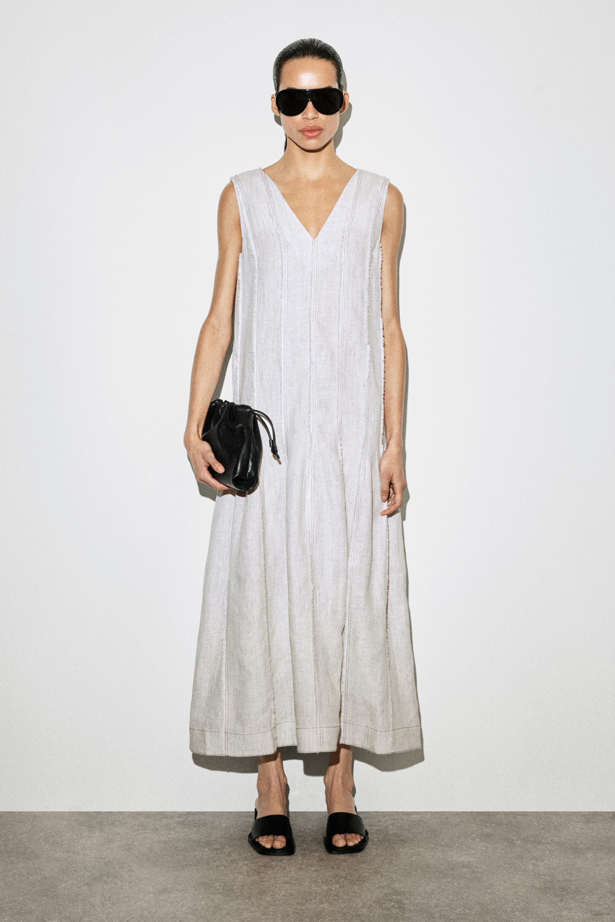 Sculpted Pleated Linen Midi Dress