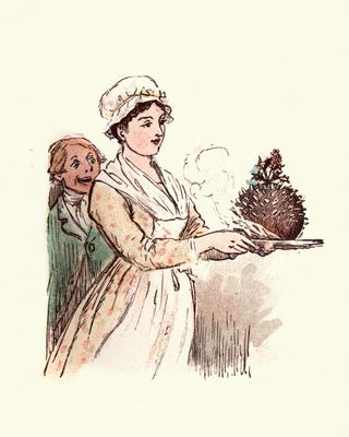 watercolour of victorian woman with Christmas pudding