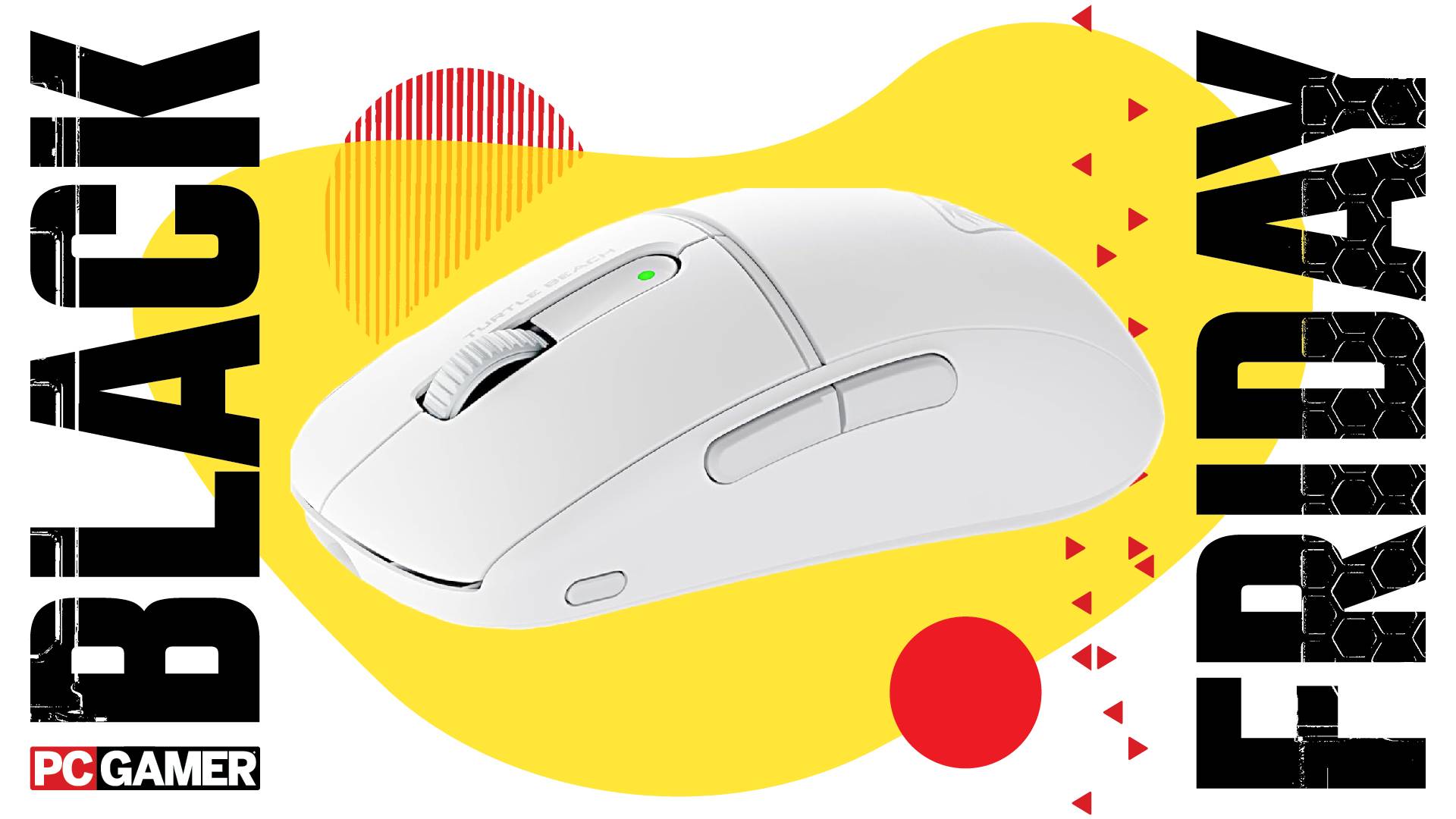 A Turtle Beach Burst II Air gaming mouse on a custom Black Friday background