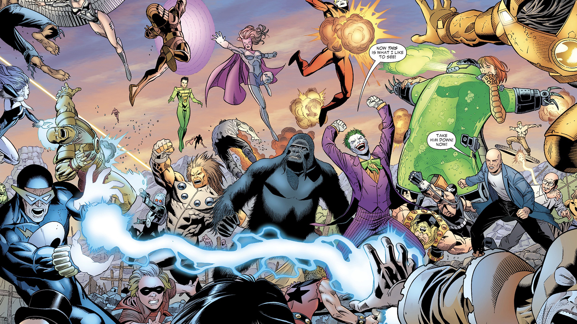 Joker and Lex Luthor taking charge in a pitched battle between dozens of villains