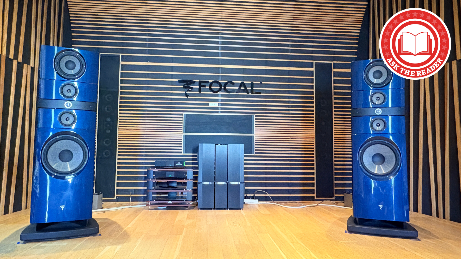 Focal blue speakers with Rewind logon