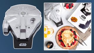 A shot of a waffle maker shaped like the Millennium Falcon from Star Wars with a waffle and kitchen items
