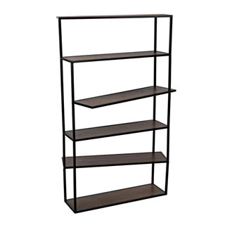 large bookshelf with purposely askew shelves