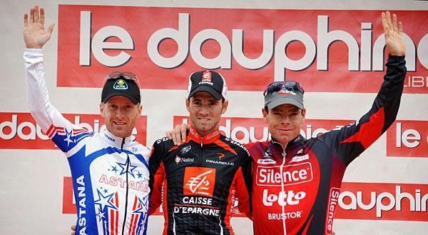 The GC podium (l-r) with Levi Leipheimer, Alejandro Valverde and Cadel Evans.